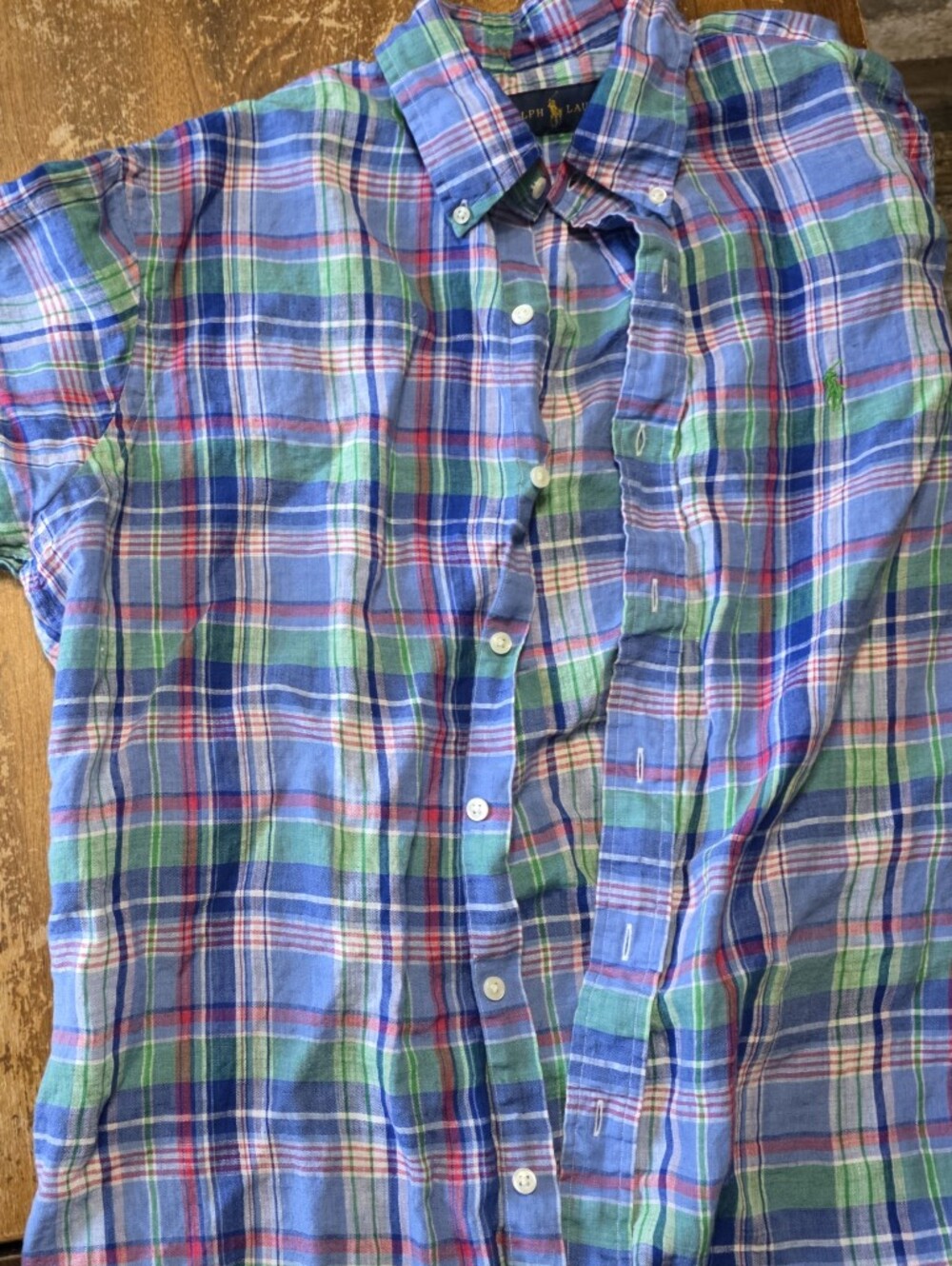 Ralph Lauren Classic Plaid Button-Down Short Sleeve Shirt - Blue & Green